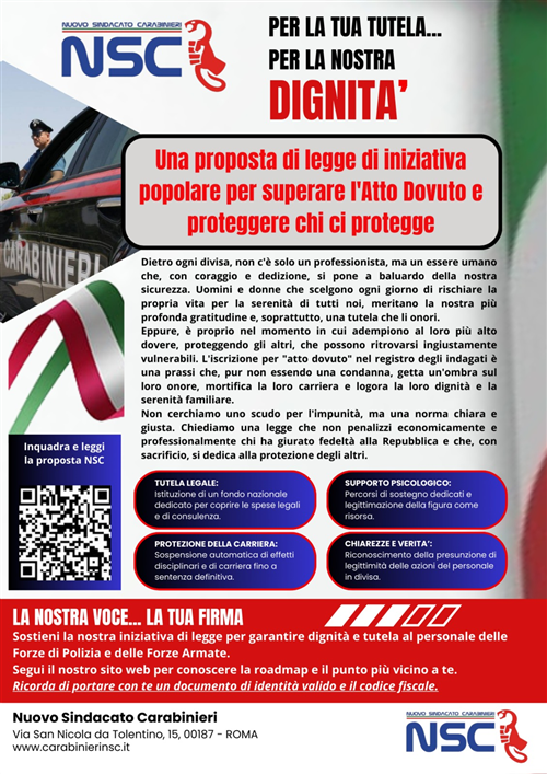 Raccolta firme: disposizioni per il superamento dell'"atto dovuto" e per la tutela del personale delle forze di polizia e delle forze armate nell'esercizio delle proprie funzioni
