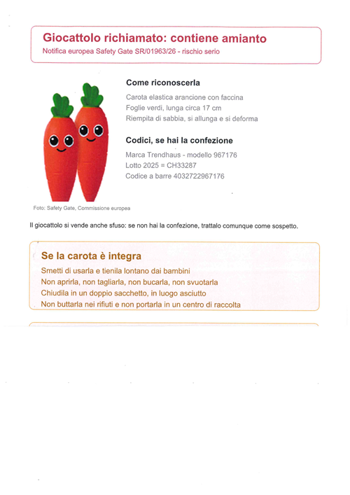 Allerta giocattolo contenente amianto