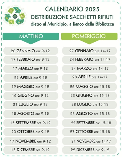 "Calendario distribuzione sacchetti rifiuti anno 2025"

