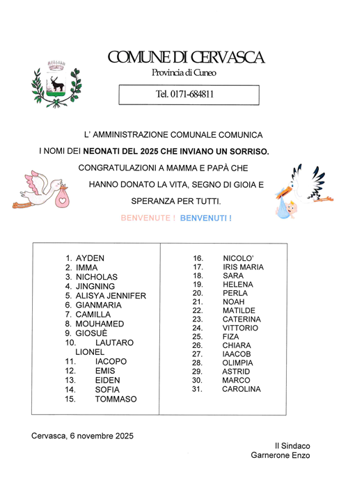 L'Amministrazione Comunale comunica l'elenco dei nuovi nati e si congratula con papà e mamma che hanno donato un segno di gioia e speranza per tutti.