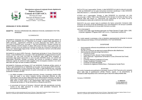 "Revoca ordinanze del sindaco n.26 e n. 27 del 04/09/2025"