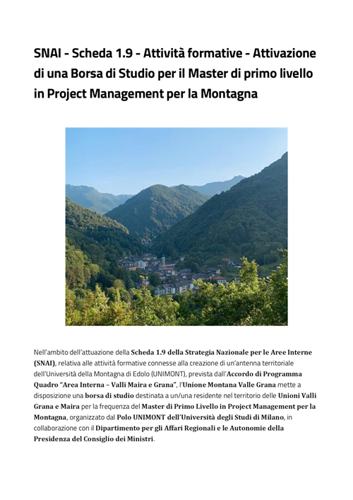 Attivazione di una borsa di studio per il master di primo livello in project management per la montagna