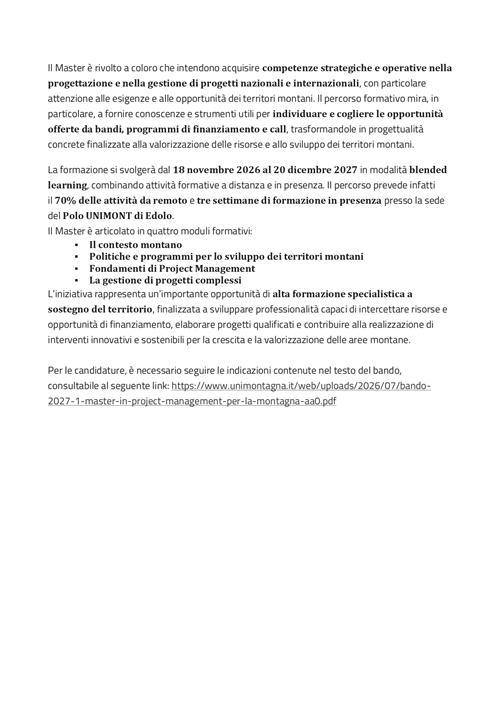 Attivazione di una borsa di studio per il master di primo livello in project management per la montagna